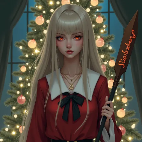 woman with long hair and bangs the color of hair is ash blonde. the skin color is similar to the skin color of the vampire wearing a necklace with the name "silvanna" written on it and wearing a santa claus school girl suit and a chrismast light and chrism...