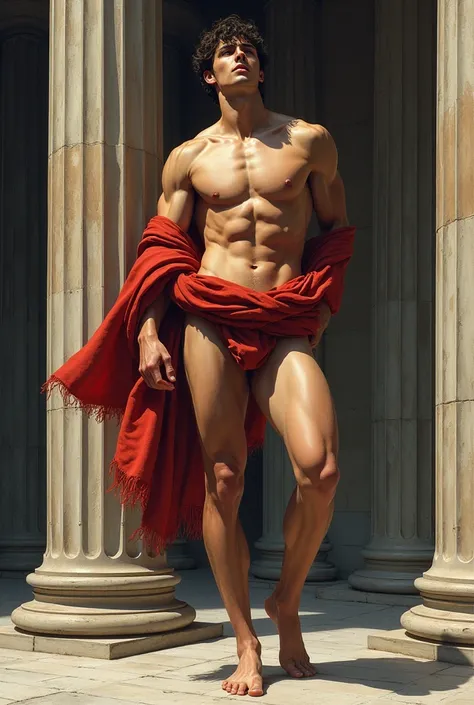 Full-body, young man, neoclassic art style, vibrant colors, standing in a scene similar to the School of Athens by Raphael, Michelangelos style, handsome, sexy, seductive, evocking erostism, wearing loincloth, perfectly detailed face, perfectly detailed mu...