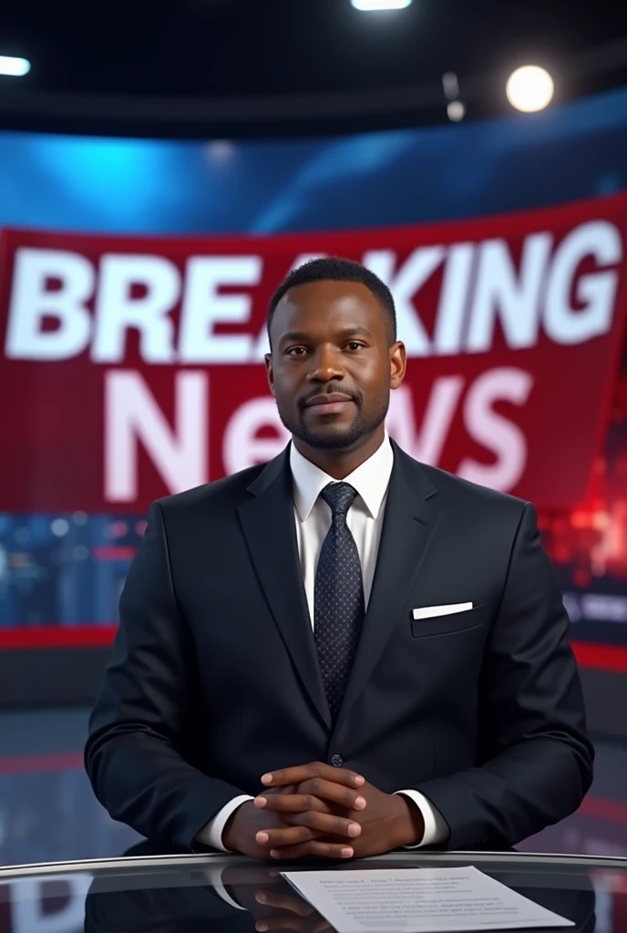 A realistic image of a black American news anchor with breaking news written behind him