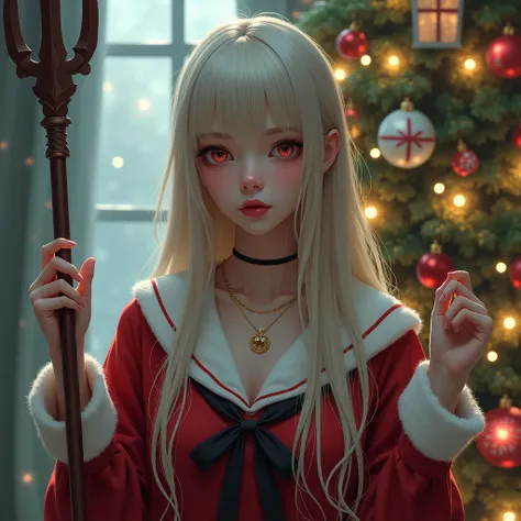 woman with long hair and bangs the color of hair is ash blonde. the skin color is similar to the skin color of the vampire wearing a necklace with the name "silvanna" written on it and wearing a santa claus school girl suit and a chrismast light and chrism...