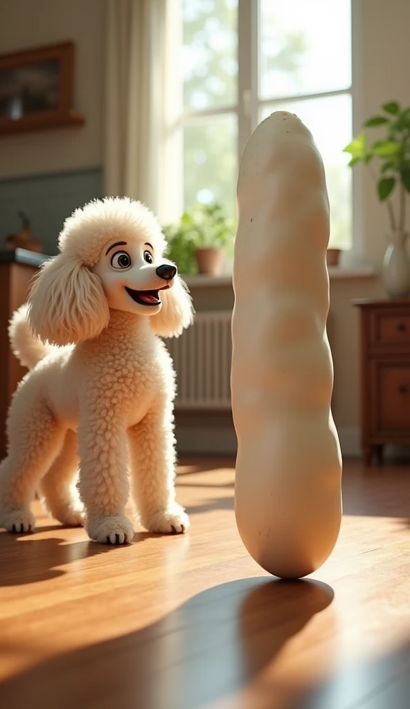 3d、Ultra HD、Side view、There is a shadow、Photorealistic、The poodle is surprised at the long white potato