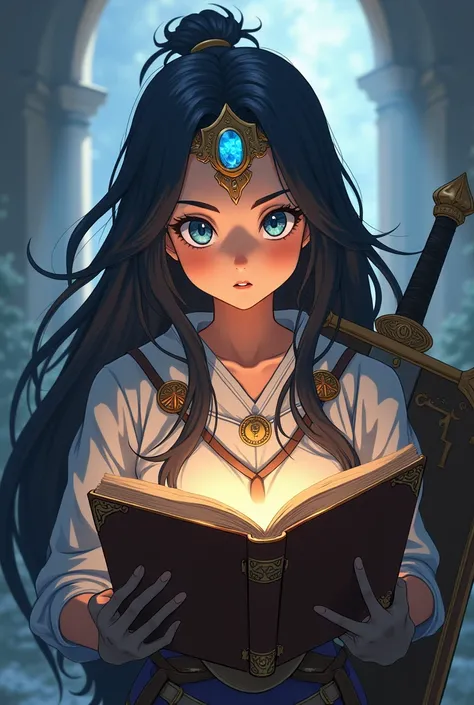 A woman with long black hair and a baby face，She wears a forehead protector with a blue jewel on it.，Equipped with a sword and shield，Legendary Hero Style、Reading an old book，The middle of a journey，Dragon Quest,anime，