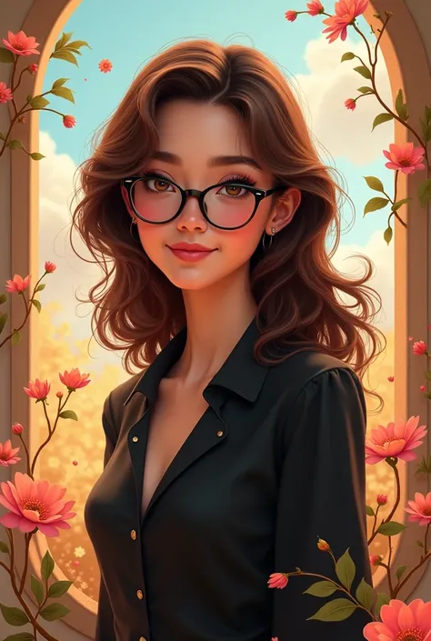 pixar drawing brunette woman, wearing glasses and black blouse