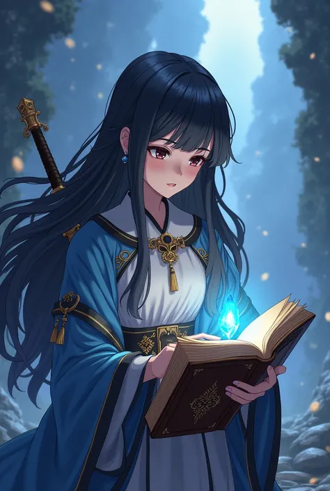 A woman with long black hair and a baby face，Equipped with a sword and shield，Legendary Hero Style、Reading an old book，The middle of a journey，Dragon Quest,anime，Blue Gem