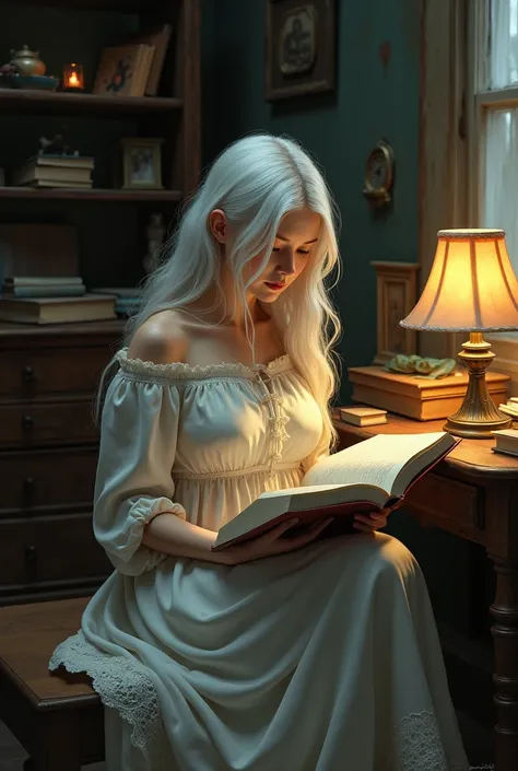 messy room, a girl reading book, at night, antique, white hair