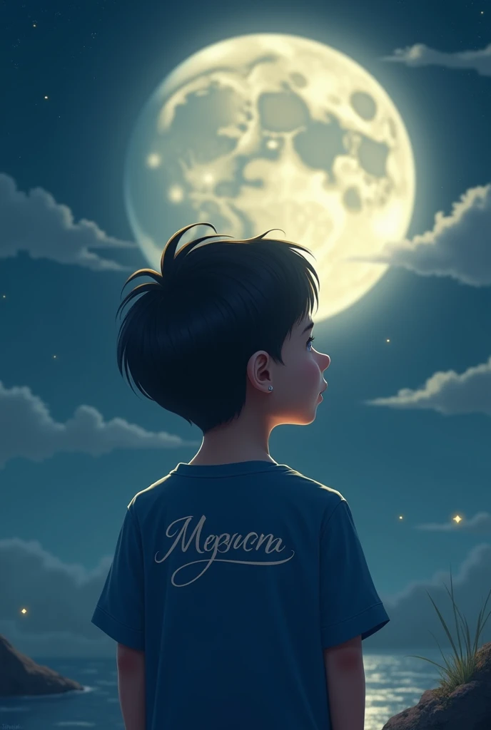 Degin a scene featuring    1 boy best fotos
Name.  [ O (™)F )  ] enjoying the moon background. They wear blue T-shirts with their names elegantly written in back, capturing the essence of their alon boy