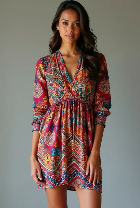 long sleeve dress, short, modern, , with Mexican print, for a slim  girl 