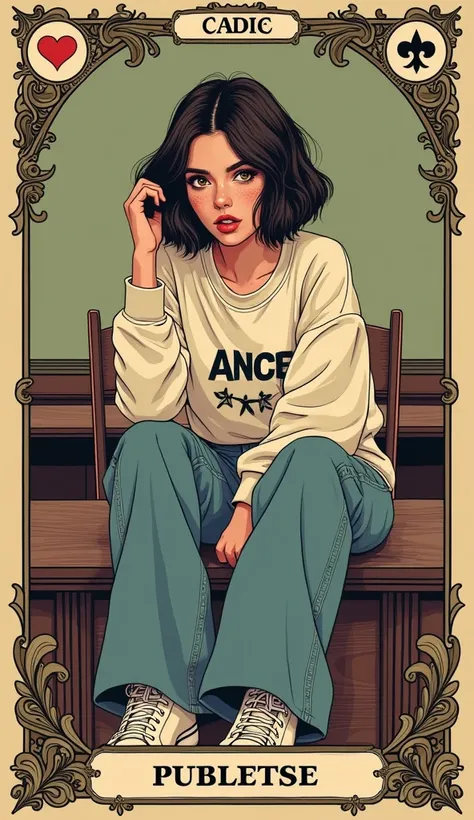 masterpiece, tarot aesthetics, tarot vintage line-art aesthetics, chase victim, teenage seductive diva, oversize sweatshirt,high-waisted flared jeans, sneakers, siting in class, languid posing, vintage, sexy curious, vintage line-art aesthetics, short hair...