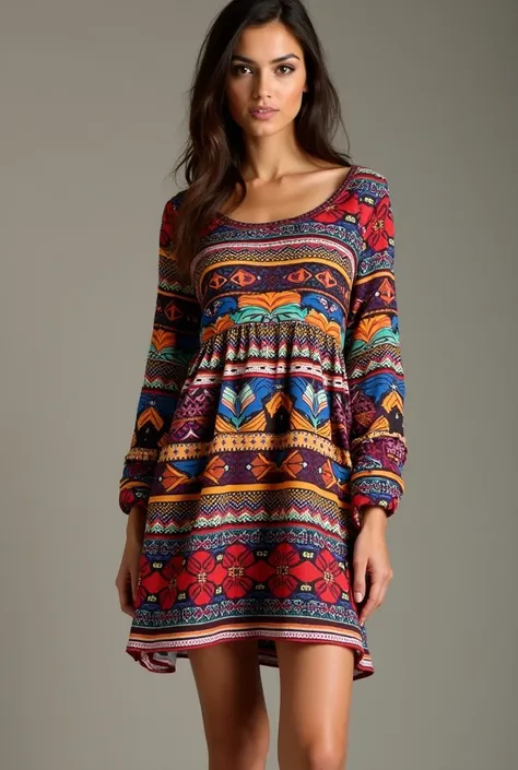 long sleeve dress, short, modern, , with Mexican print, for a slim  girl 