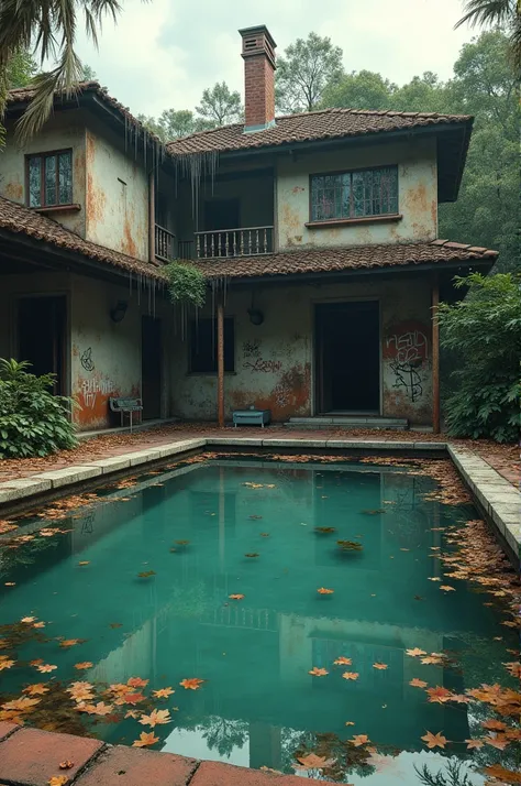 swimming pool of a mansion from the 80s, full of rubbish (In the background the mansion is covered in graffiti, abandoned, dirty balconies, leaves, old appliances and old and abandoned furniture from the 80s thrown into the pool).