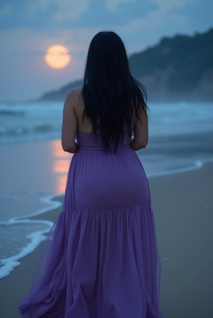 A captivating upscaled a little  fleshly woman standing in the sea shore She must a wear violet boho dress black  straight hair, The background is a beach with moonlight 8K, real photo, ultra HD, SLR camerA