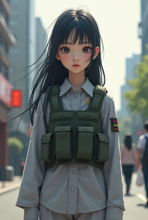 (short and cute girl，little young student，delicate young woman）,（masterpiece，top quality)、Short top aspect，light gray pixelated printed military uniform，air in her hair，bulletproof vest，long black hair，city