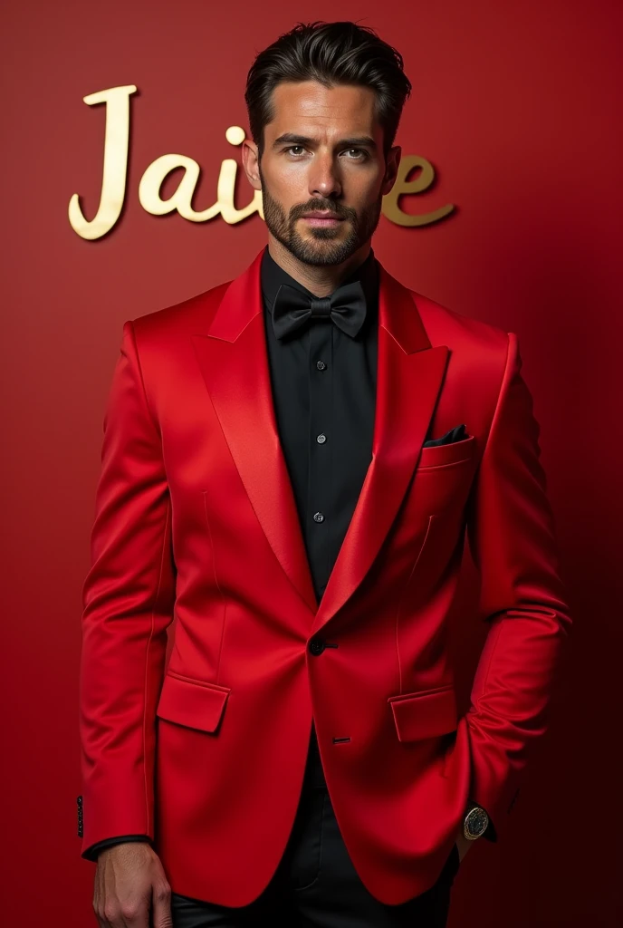 Guy wearing a tuxedo in red color that is and with "Jaime" in the background 