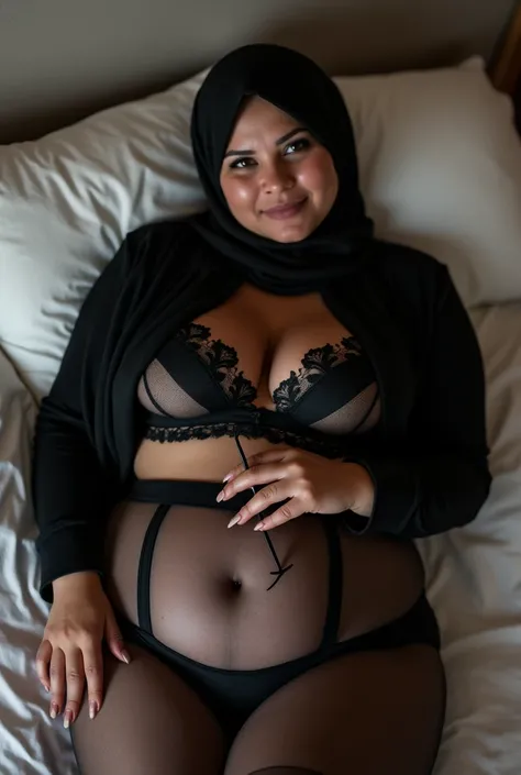 Full-body photo of Ayesha, a chubby 50-year-old Muslim "milf" with a top hourglass figure, laying on a bed. She’s wearing a head hijab and a black mistress costume, including black stockings, transparent panties, and a transparent bra, emphasizing her larg...