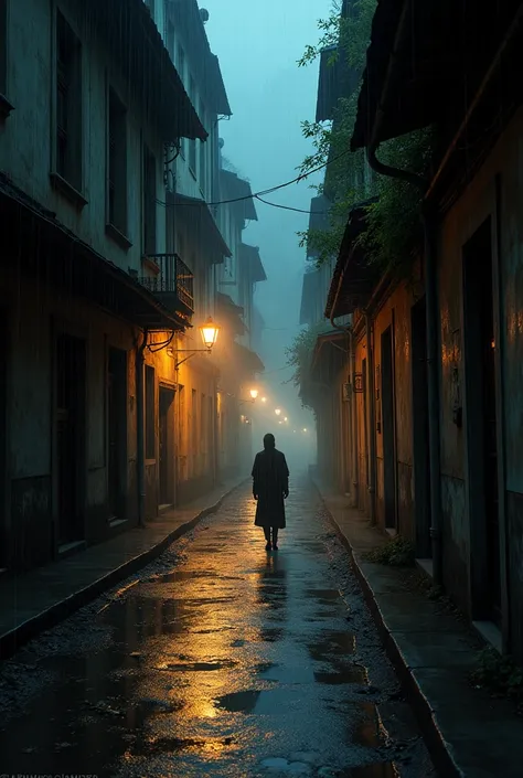 1. You are walking through an alley during a light rain at night. On the left and right are old and historic buildings. The area looks gloomy and illuminated by street lights. Describe the situation with an emphasis on atmosphere, space, shape and lighting...