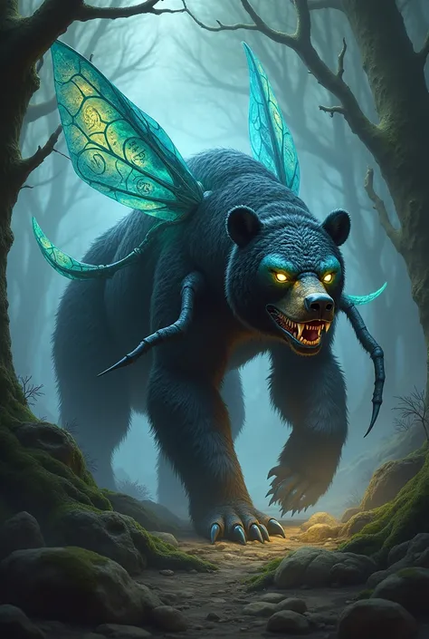 a formidable and magical hybrid creature blending a mantis and a bear. This fearsome being has the powerful, muscular body of a bear, covered in dark, rugged fur with intricate, iridescent patterns that hint at magical energy. Its head merges the bear’s st...