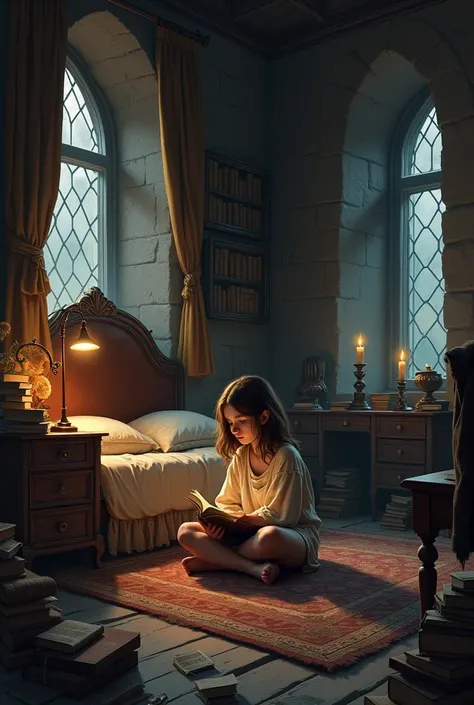 messy room, a girl reading book, at night, antique, old castle