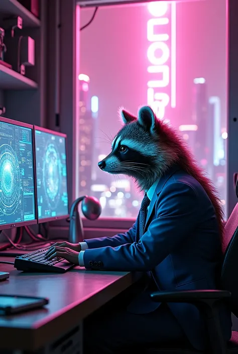 A raccoon in a classic blue suit and tie works in his home lab, surrounded by holographic screens and cables , Through the window you can see a futuristic and dystopian city,young girl, 1 works in his home laboratory, surrounded by holographic screens and ...