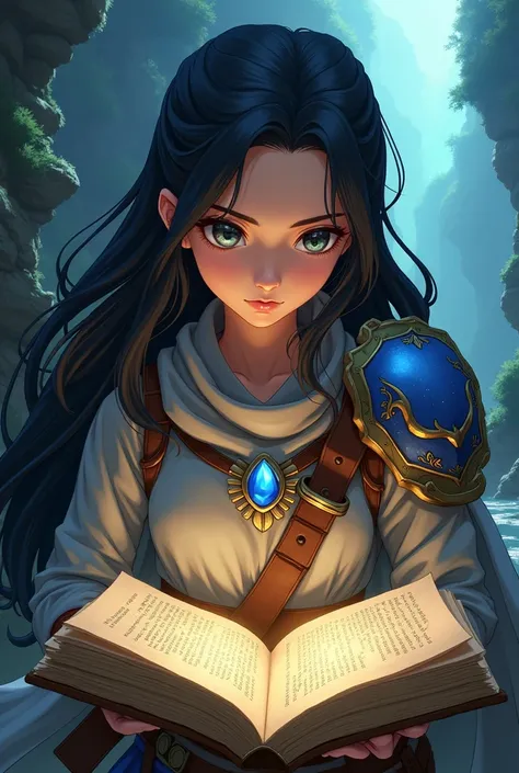 A woman with long black hair and a baby face，Equipped with a sword and shield，Legendary Hero Style、Reading an old book close to his face，The middle of a journey，Dragon Quest,anime，Blue Gem