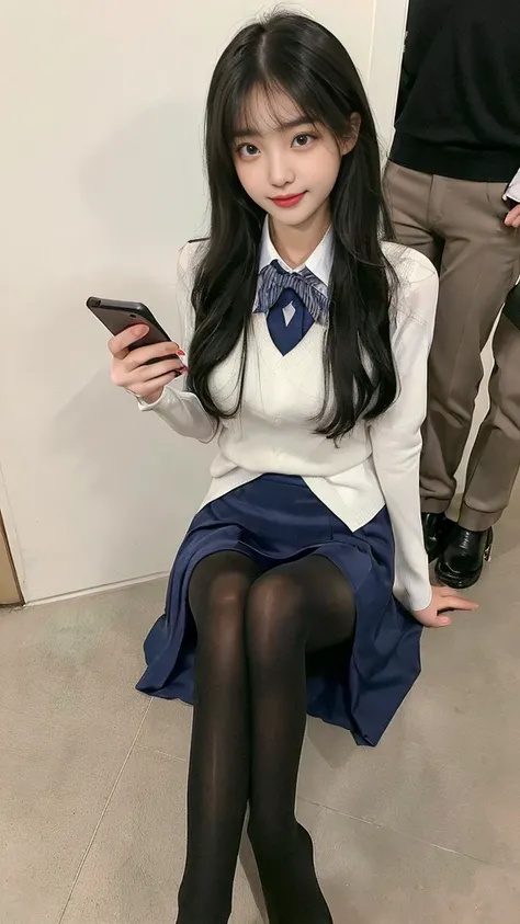  (high quality), (SFW:1.2), (skinny school _uniform :1.2), (split screen:1.3), (full body photo : 1.2), (1 korean woman), (a little smile : 1.2),(thin pantyhose :1.4), (call girl and a Korean adult man enjoying a smartphone chatting app :1.4), (no other pe...