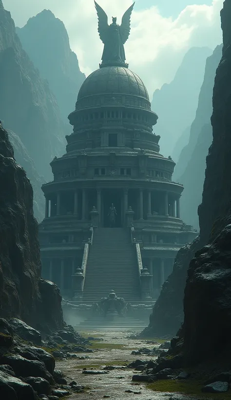 fantasy, dark fantasy, temple of evil goddess, ancient architecture,  huge temple, many storeys, huge dome, building technique combining various styles of ancient building and ancient architecture, above the dome there is a stone statue of the evil queen w...