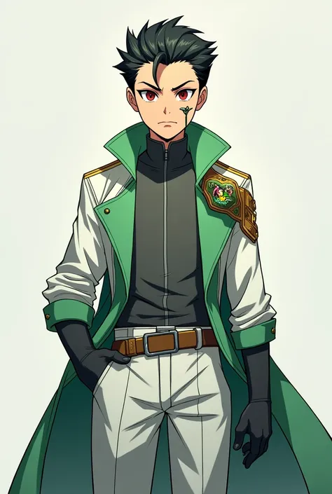 1 boy who is 1.80 with a slicked back hairstyle with a white and green coat with the Ultimatrix and a small scar on the right side of the mouth and another scar below the left eye with red anime-style eyes full body looking forward with a slightly serious ...