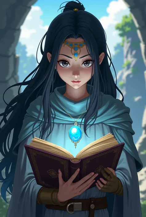 A woman with long black hair and a baby face，Equipped with a sword and shield，Legendary Hero Style、Reading an old book，The middle of a journey，Dragon Quest,anime，Blue Gem，Diagram of pulling