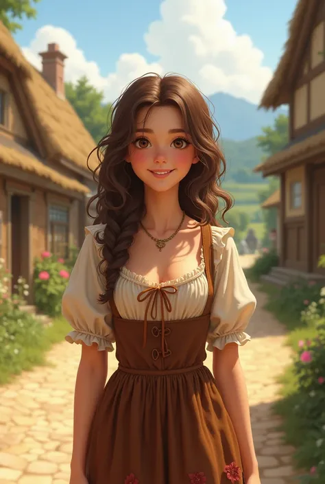 Create a woman with a curly haired peasant outfit/curly in a calm and peaceful village that is happy.

