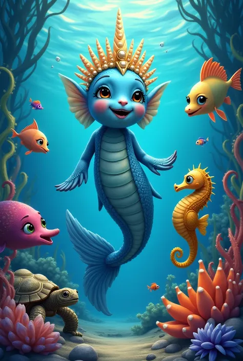 Inside sea octopus, totorise, sea horse and many colours beautiful fish and sea creatures in front fish queen wear crown beautiful pearl  under the sea and all are discussion together 