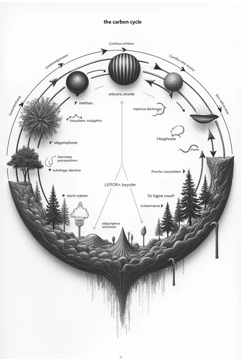 Make me a black and white drawing of the carbon cycle