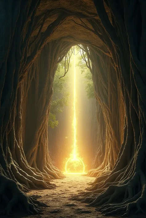 Ancient prayer cave built in worship of Our Lady of Aparecida by ancient inhabitants, surrounded by ancient rubber tree roots, landscape set in a rural area of the city interior, highlight in the celestial light that emanates from inside the cave, envelope...