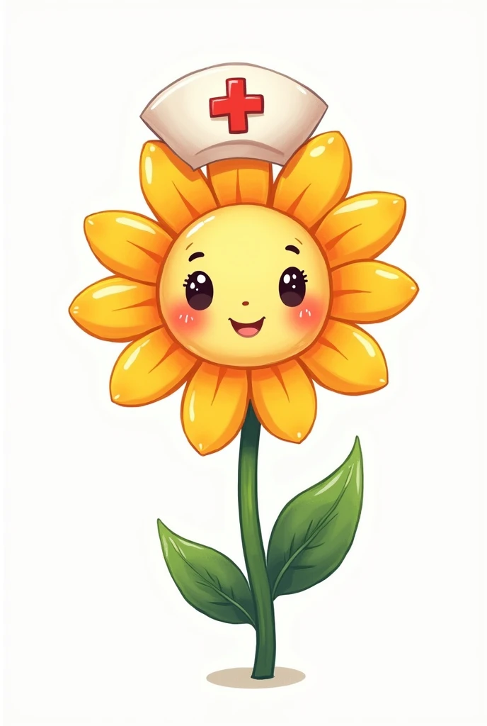 a smiling flower with nurse hat kawaii hand draw style white background