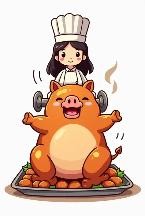 Cartoon roasted letchon pig straight and a girl in the back, its just like a cartoon  drawing, dont make it realistic, like no face and then no background just transparent, like the letchon pig is in the table and there is a letchon tray and the girl is on...