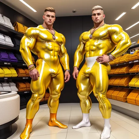 full view full body, one muscular bodybuilded white european handsome Man with clean undercut light-brown haircut, in bright-orange latex jumpsuit and white shiny latex socks, no shoes, wearing gold rings, bracelets, necklaces, posing in gay clothing store...