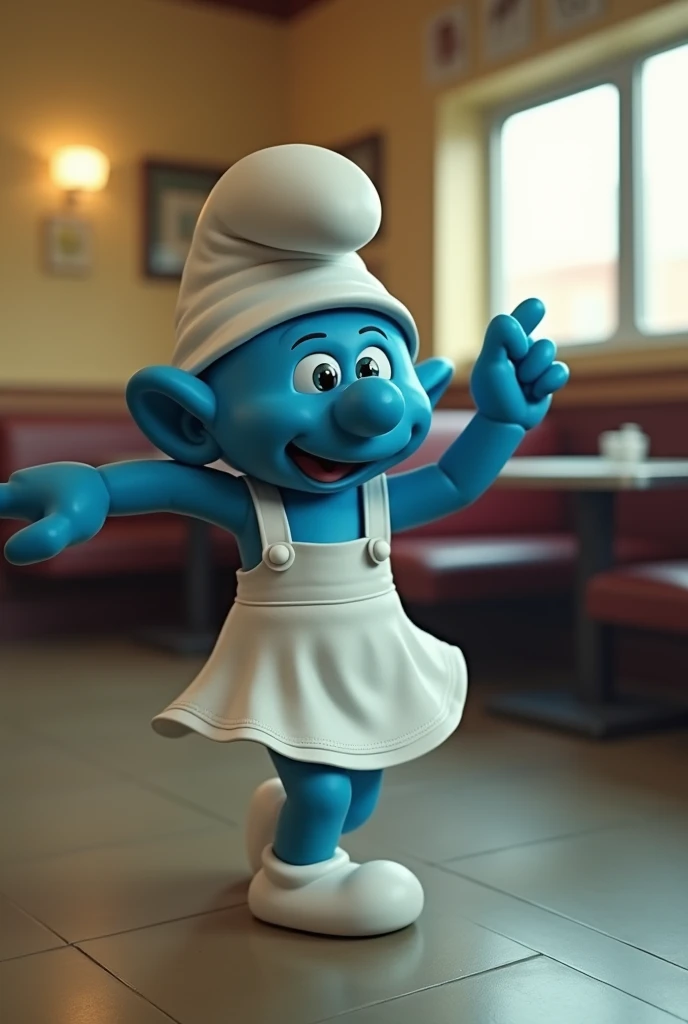 Draw a smurf dancing bachata in a waitress outfit in low quality

