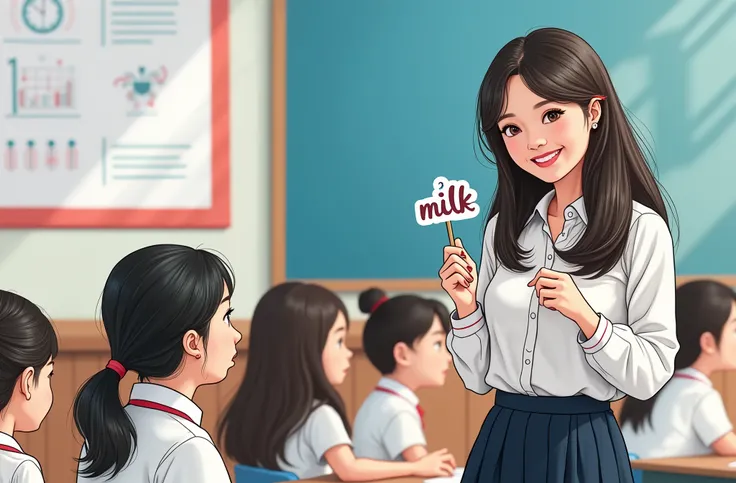 Illustrated poster design in a graphic design style of hand-drawn clean lines, vector graphics and colorful bright colors. A Chinese female teacher holding up a sticker with the word “Milk” in front of a classroom, teaching her students, smiling and wearin...