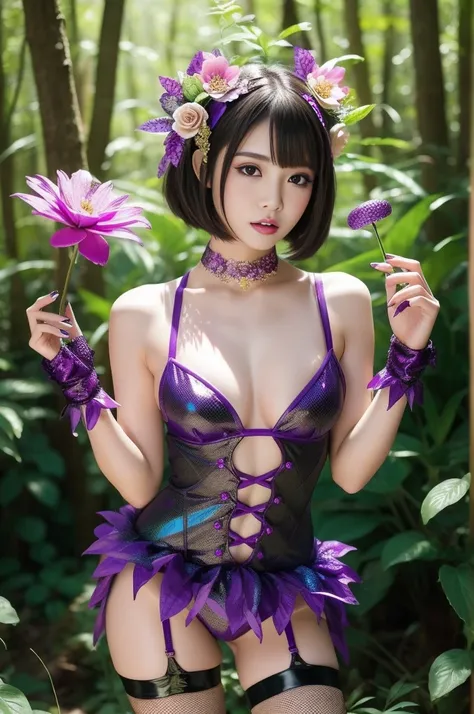 (nsfw)、sexy Thai model who controls poison、lipgloss、dramatic makeup、look at the camera、full body Esbian、、sparkling poisoned enchanted flower costume、、、、shiny sparkling colorful short hair、secrete poison、skull hair accessories、fishnet tights、shiny sparkling...