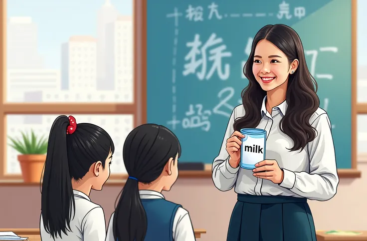 Illustrated poster design in a graphic design style of hand-drawn clean lines, vector graphics and colorful bright colors. A Chinese female teacher holding up a sticker with the word “Milk” in front of a classroom, teaching her students, smiling and wearin...