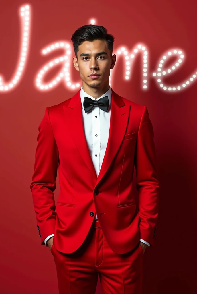 Young guy wearing a tuxedo in red color that is and with "Jaime" in the background 