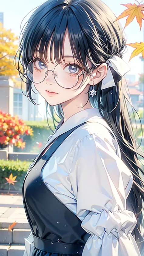 (8k, Highest quality, masterpiece:1.2),(Highest quality:1.0), (Ultra-high resolution:1.0), watercolor, Beautiful woman, shoulder, Hair Ribbon, Agnes Cecil, Half Body Portrait, Very bright and luminous design, pastel colour, (ink:1.3), Autumn Light, Glasses