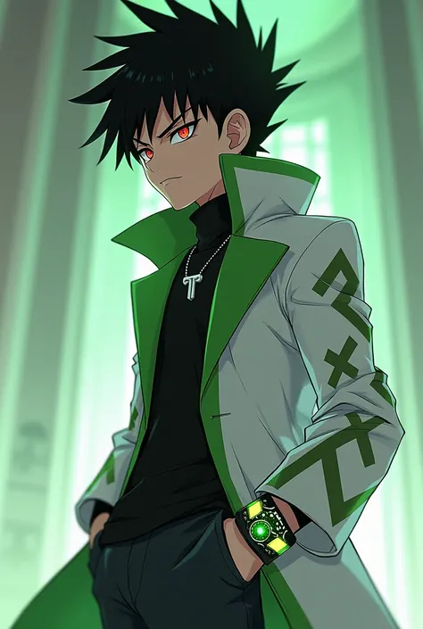 1 boy who is 1.80 with a hairstyle like Sukuna&#39;s and black hair with a modern white and green coat with the Ben 10 Omnitrix with full-body anime-style red eyes looking forward with a slightly serious face