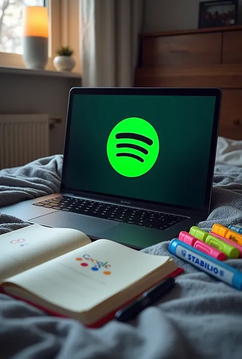 Make a laptop displaying spotify with the google 
and stationery in front of laptop there are note book and highlighters from stabilo and a pen. Background everything set atop a bed with grey and black patterned blanket