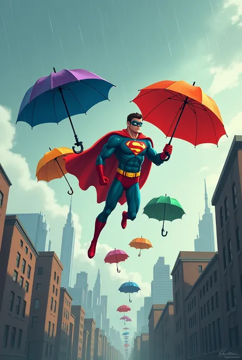 Parapluie en mode super-héros : Imagine un groupe de parapluies colorés suspendus dans le ciel, chacun arborant une cape et un masque comme sils étaient des super-héros en mission. Ils volent au-dessus des toits de la ville pour sauver des gens des gouttes...