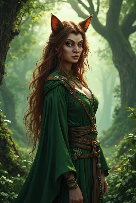 A striking female druid shifter stands in a lush, enchanted forest. She has long, flowing brown hair with reddish accents that cascades down her back, interwoven with small, delicate braids. Her piercing green eyes have a feline intensity, and her nose is ...