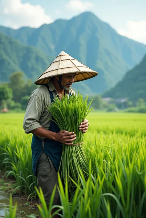 In an area of rice fields with a mountain in the background, looks like a farmer planting rice. The farmer wears a straw hat while holding the rice seedlings to be planted 