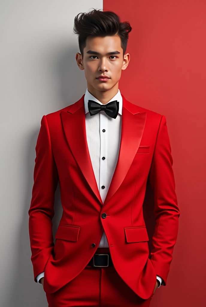 Young guy wearing a tuxedo in red color and with "Jaime" on top in the background 