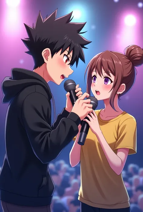 Anime boy ((( Spiky hair , black hair , black hoodie , red eyes , narrowed eye , handsome , singing , holding mic ))) , anime girl ((( purple eyes , brown hair , tied single bun hair style , short hair , yellow t shirt , blank t shirt , singing , holding m...