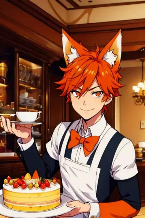 Perfect face. Perfect hands. An orange haired man with orange eyes with orange fox ears and an orange fox tail in a butlers outfit is smiling while serving a slice of cake in a fancy butlers cafe