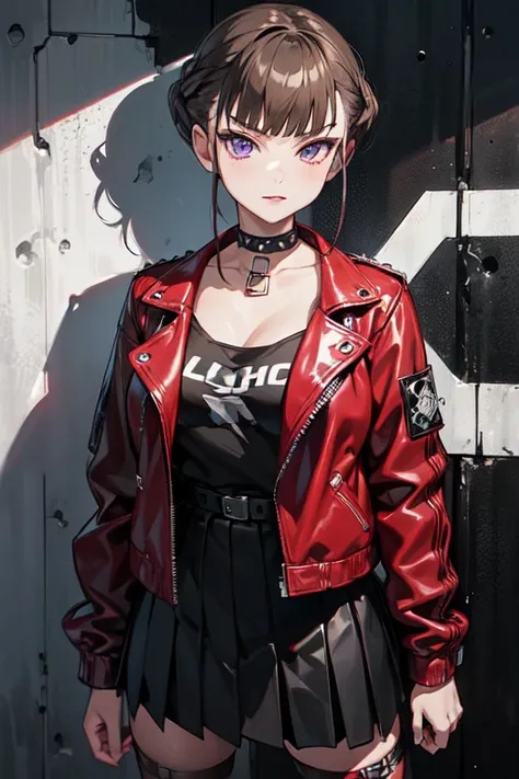 (nice with you), short hair, braided hair, brown hair, purple eyes, bangs, woman, alone, punk, punkファッション, red leather jacket, b...