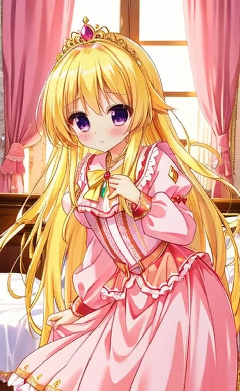 Beautiful long blonde　Girl in a pink dress　Princess　Long skirt　Long sleeve　Leaning forward　Look at the audience　Cowboy Shot　Bedroom　Troubled face　pinch the hem of the skirt　Gold Tiara